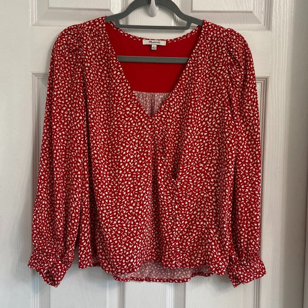 Madewell Wrap V-Neck Blouse Size Small Long Sleeve Red Leaf Pattern